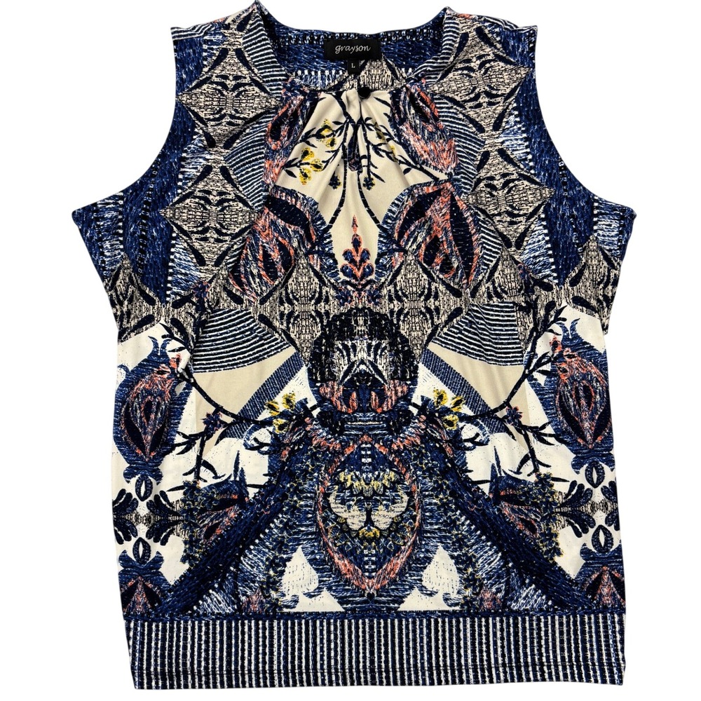 Grayson Paisley Blouse Womens‎ Large Blue Multi Sleeveless Keyhole ITY Knit Tank